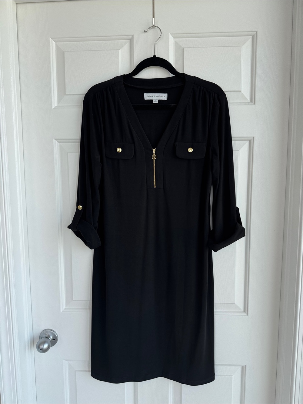 Emma & Michele Black Long-Sleeve Zip-Front Shirt Dress with Gold Buttons